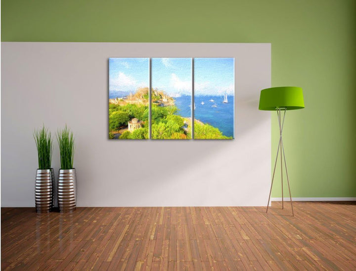 Pixxprint Griechische Insel Bunstift Effekt 3-Teiler Leinwandbild 120x80 Bild auf Leinwand