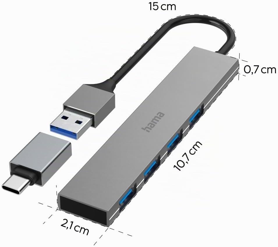 Hama USB-Hub 4 Ports (USB-A und USB-C-Anschluss, 4X USB-A für Maus, Tastatur, Externe Festplatte, US