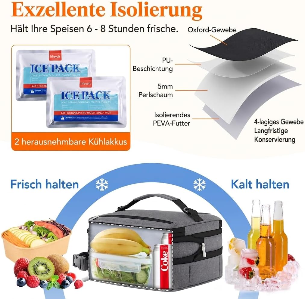 Lifewit Erweiterbare Lunchtasche 8,2L, Kühltasche Klein, Lunch Bag 8.2L Grau, 8.2L Grau