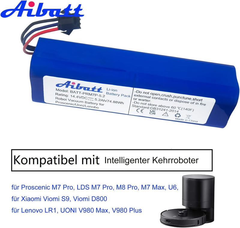 Aibatt Li-Ion Akku 14.4v 5200mAh Ersatzakku für Proscenic M7 Pro,LDS M7 Pro,M8 Pro,M7 Max,U6 Roboter