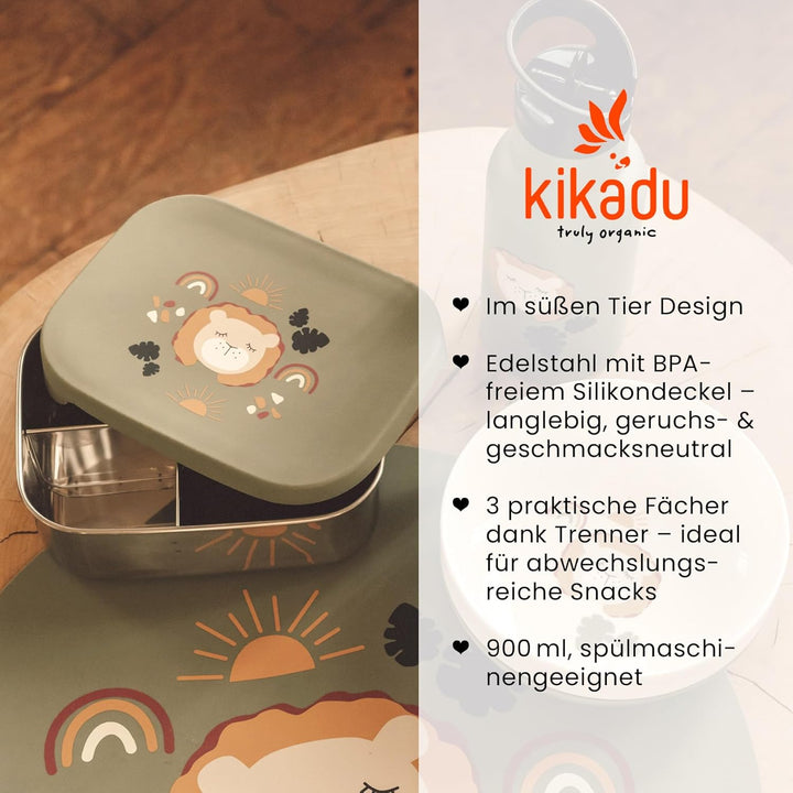 kikadu Brotdose Löwe Olive - Kindergeschirr, BPA-frei, 18/8 Edelstahl, mit niedlichen Aufdrucken, Ma