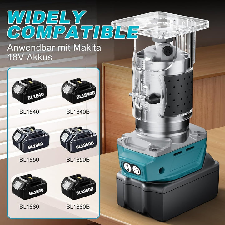 Akku Oberfräse kompatibel mit Makita 18V Akku, bürstenloser Motor,5 Geschwindigkeiten,800W 30000RPM,