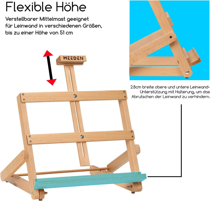 MEEDEN H-förmige Tischstaffelei Holz, Verstellbare Staffelei Tisch aus deutsche Buchenholz, Faltbare