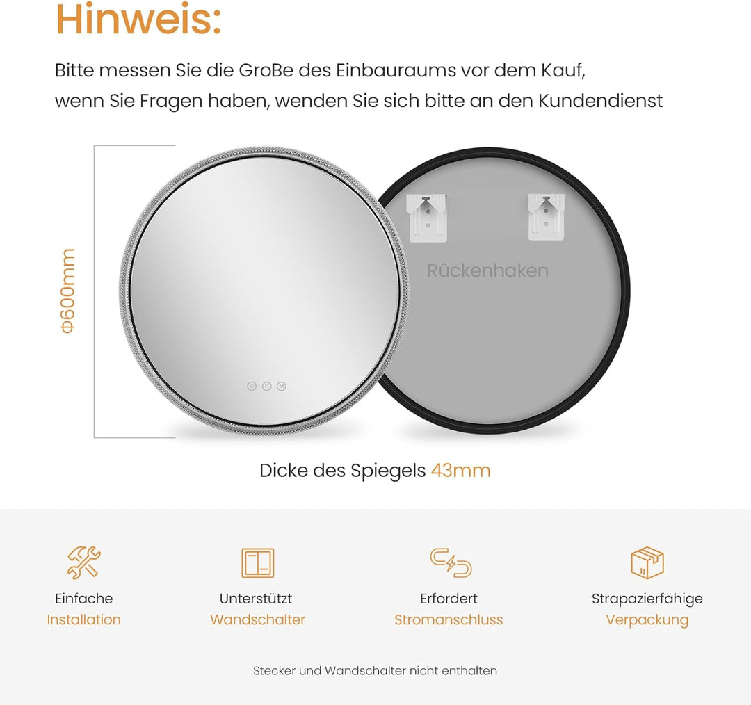 EMKE Runder Badspiegel mit Beleuchtung 60 cm – Schwarzer Badezimmerspiegel mit Antibeschlag, 3 dimmb