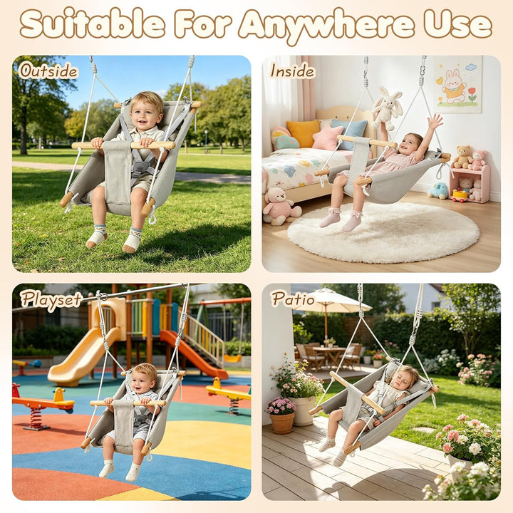 Babyschaukel 3 in 1, Holz-Hängeschaukelsitz mit Sicherheitsgurt und Baumwollkissen, Einstellbar Baby
