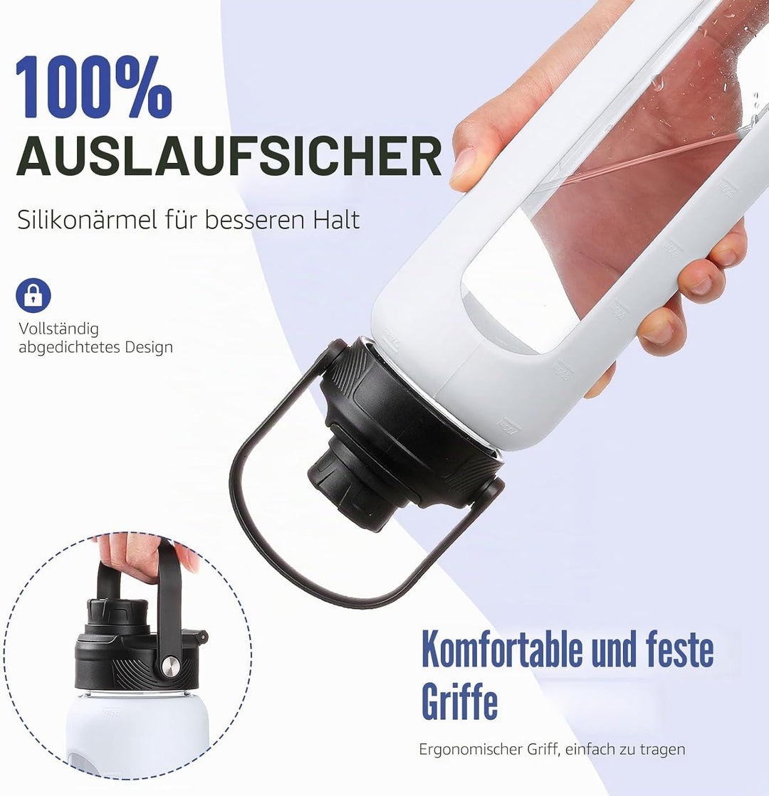 BLUEGO 700ml Glaswasserflasche mit Strohhalm und 2 Deckeln Kaffeetasse aus Glas mit Zeitmarkierung u