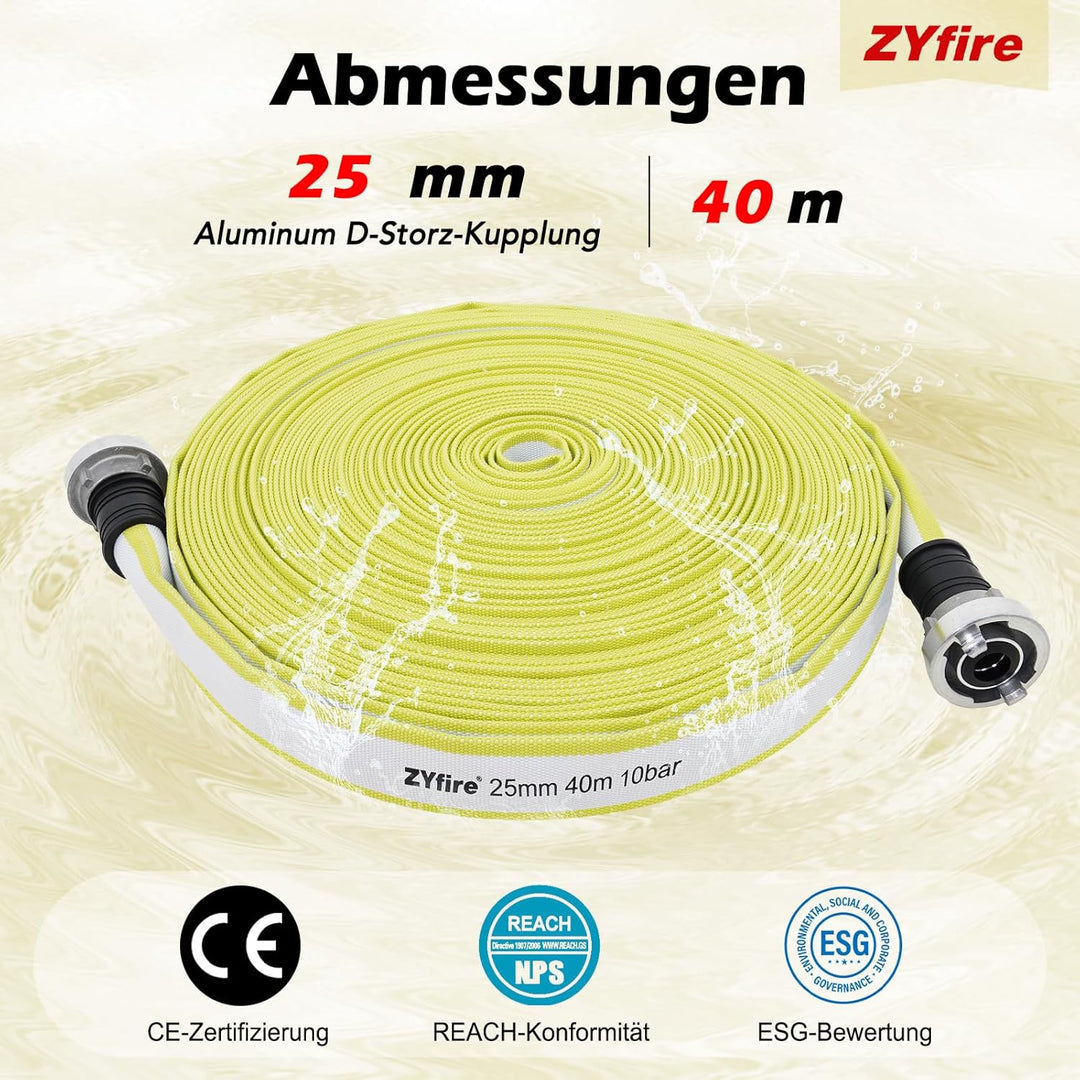 ZYfire Feuerwehrschlauch 25mm x 40m | 1 Zoll Feuerschlauch mit D-Storz Kupplung | flexibler Wassersc