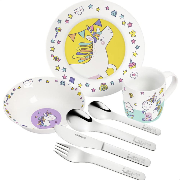 Kinderset Einhorn Doodle 7tlg. mit Gravur (z.B. Namen) personalisiertes Kinderbesteck + Kindergeschi