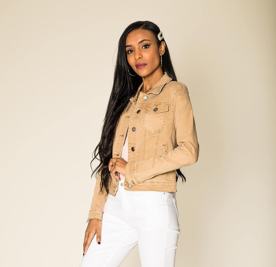 Nina Carter J212 Damen Jeansjacke Übergangsjacke Leichte Waschungseffekt Denim Casual Jacke S Beige