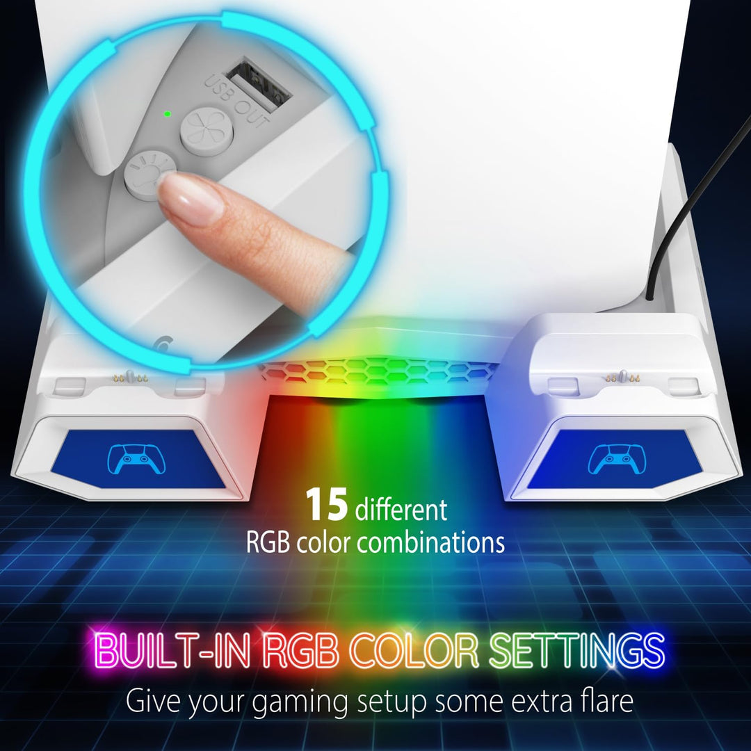 Fosmon - PS5 Ständer mit 3 stufig Lüfter und Licht, PlayStation 5 Slim/pro Standfuss mit 2 USB Ports
