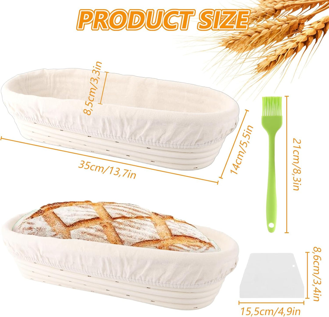 2 Stück Gärkorb Oval 35 cm, Gärkörbchen für Brot, Gärkorb Rattan Oval mit Kunststoffspachtel und Sil