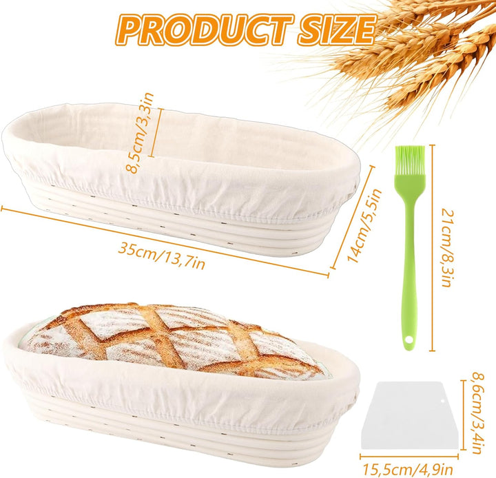 2 Stück Gärkorb Oval 35 cm, Gärkörbchen für Brot, Gärkorb Rattan Oval mit Kunststoffspachtel und Sil