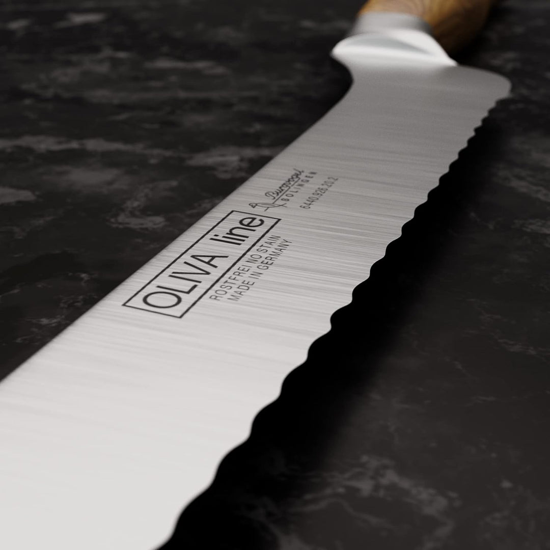 Burgvogel Solingen Brotmesser 20 cm geschmiedet Olivenholz, Oliva Line, Wellenschliff, rostfrei, hel