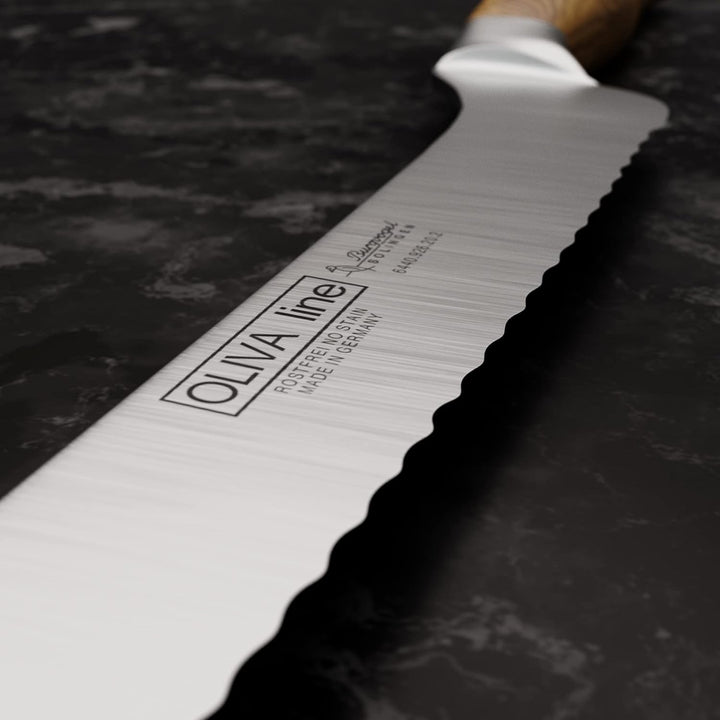Burgvogel Solingen Brotmesser 20 cm geschmiedet Olivenholz, Oliva Line, Wellenschliff, rostfrei, hel
