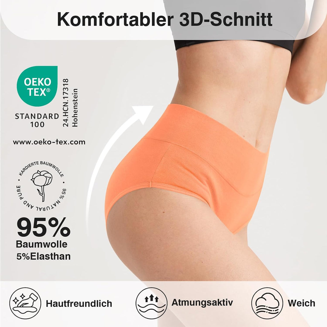 QINCAO Unterhosen Damen, 6er Pack Hohe Taille Slips Baumwolle Unterwäsche, Stretch Atmungsaktiv Pant