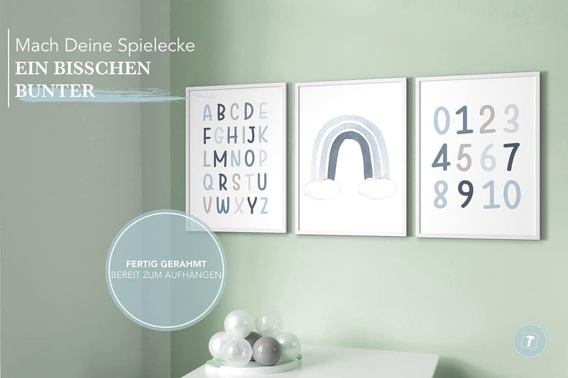 Papierschmiede® Kinderbilder 3er Set Lernposter, A3 gerahmt in Holzrahmen (weiss), Geschenk für Jung