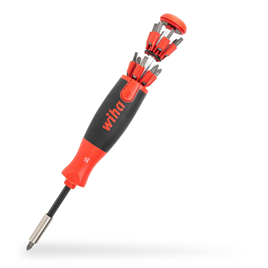 Wiha Schraubendreher mit Bit Magazin LiftUp 25 magnetisch gemischt mit 12 Bits, 1/4" (3803), Bits im