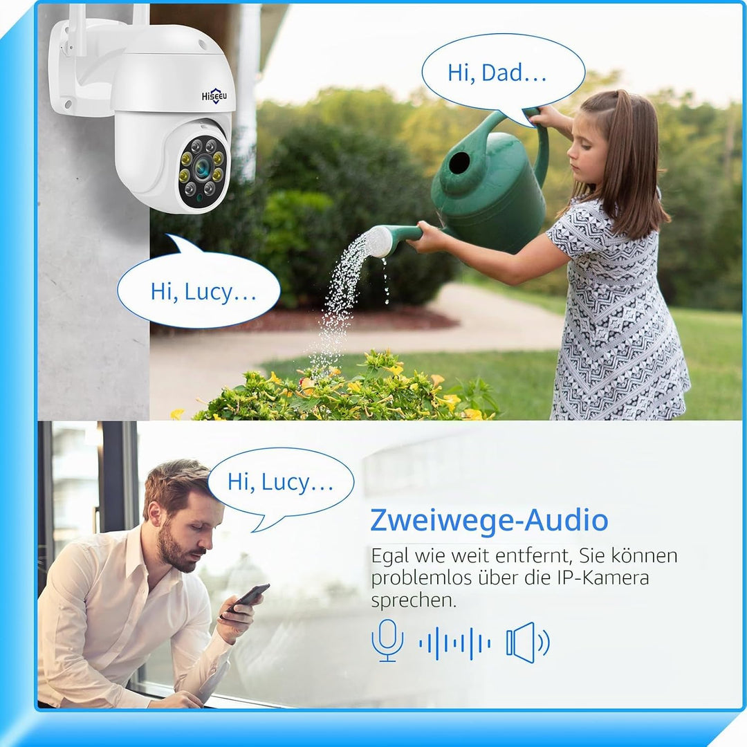 Hiseeu 5 MP Überwachungskamera Aussen-WLAN mit automatischer Verfolgung, 350°/90° schwenkbar, Farbna