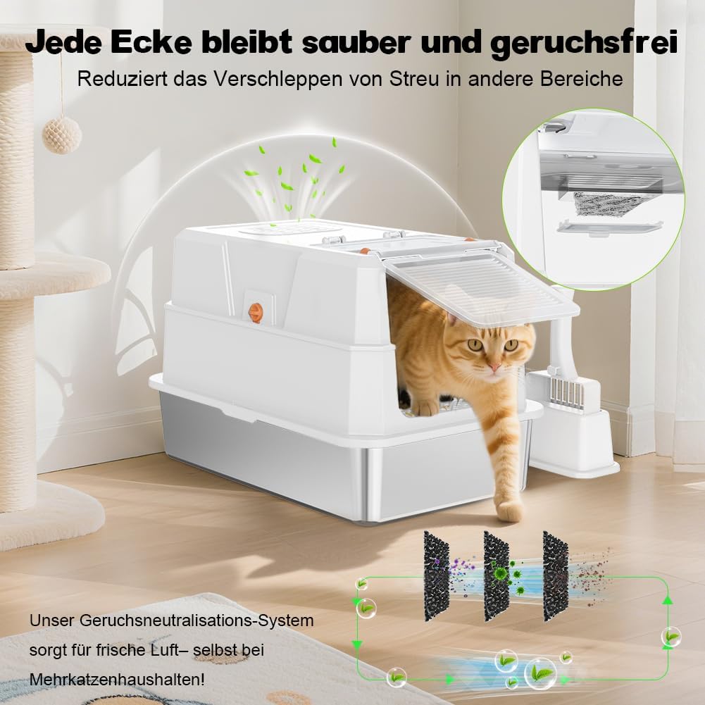 SZEE XL Edelsthal Katzenklo mit 180° Klappdeckel, Grosse Geschlossene Katzentoilette Edelstahl mit D