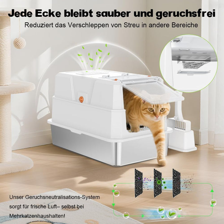 SZEE XL Edelsthal Katzenklo mit 180° Klappdeckel, Grosse Geschlossene Katzentoilette Edelstahl mit D