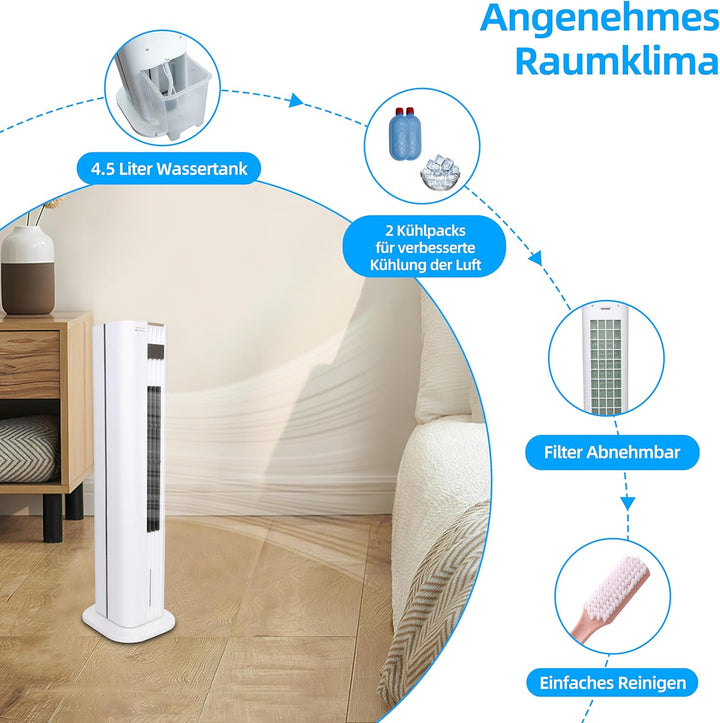 Turmluftkühler mit Heizfunktion – 4,5L Wassertank – 75W Kühlleistung &amp; 3000W Heizen – 3 Geschwindigk