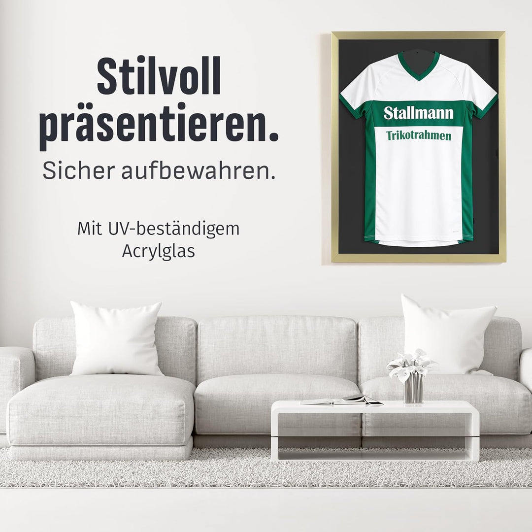 Trikotrahmen 'Easy Click & Fill' mit Tür | Rahmen-Farbe: Gold | Hintergrund: Schwarz | Grösse: 70 x