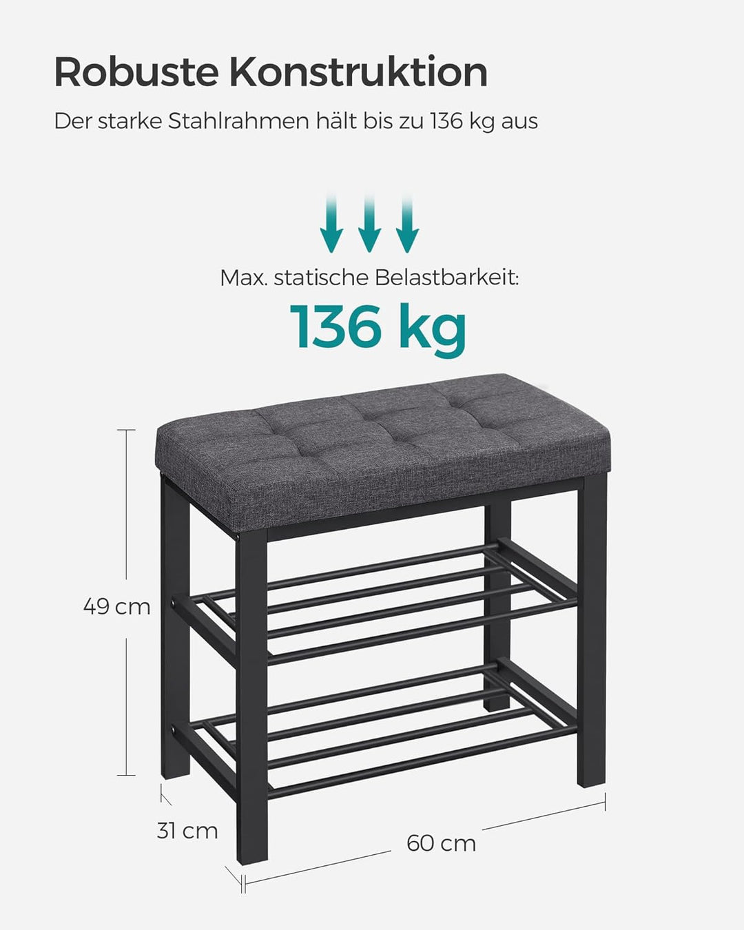 SONGMICS Schuhbank, Schuhregal mit 3 Ebenen, Schuhaufbewahrung, Sitz mit Schaumstoffpolsterung, Lein