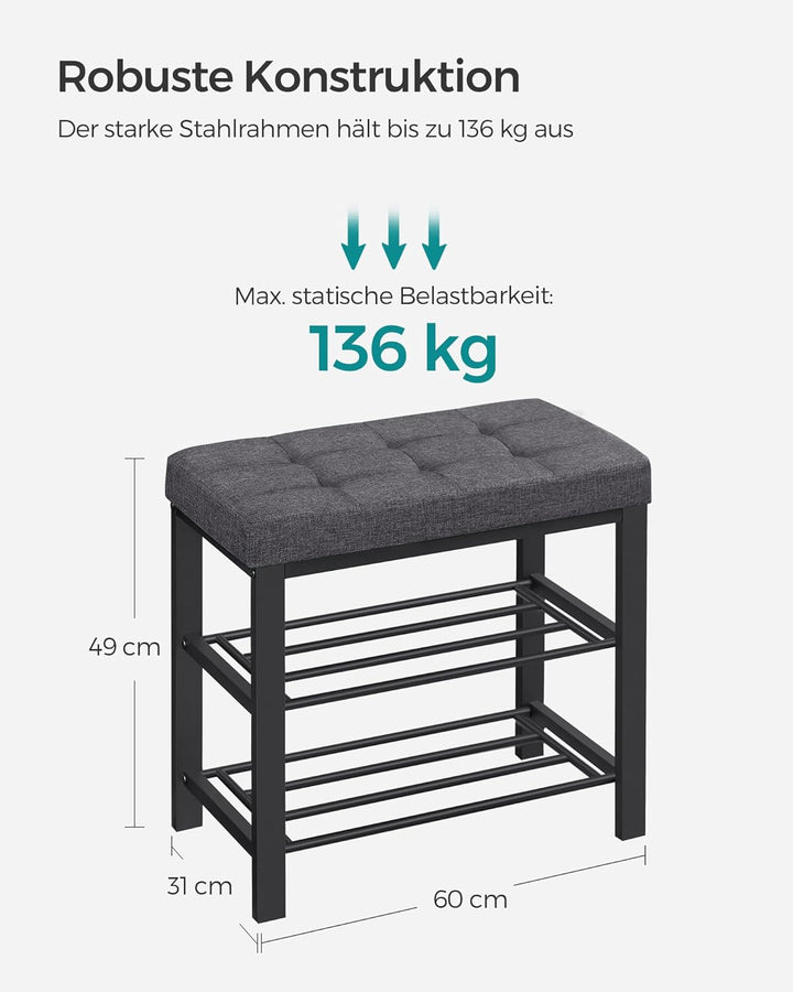 SONGMICS Schuhbank, Schuhregal mit 3 Ebenen, Schuhaufbewahrung, Sitz mit Schaumstoffpolsterung, Lein