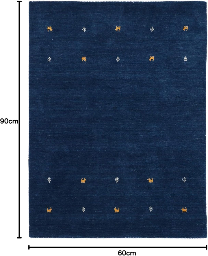 carpetfine Wollteppich Gabbeh Uni Blau 60x90 cm | Moderner Teppich für Wohn- und Schlafzimmer 60x90