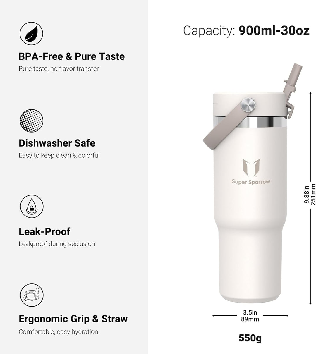 Sparrow Trinkflasche Edelstahl - Twistpath Thermosflasche mit Flex-Strohhalmdeckel - 900ml - BPA-fre
