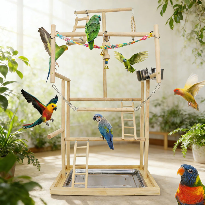 Vogelspielplatz aus Holz,mit Edelstahl-Futterbechern,Bunte Kunststoffkette für Haustiere,für Papagei