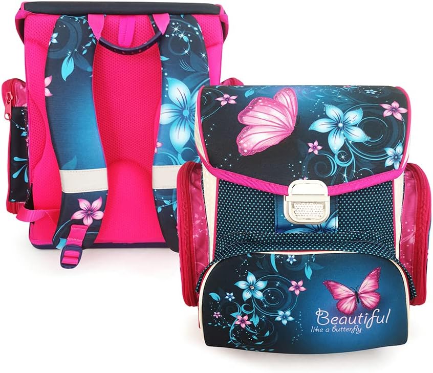 SCOOLSTAR Schmetterling Schulranzen Set MÄDCHEN 1 KLASSE | Set 3 TEILIG FÜR GRUNDSCHULE | INKL. FEDE