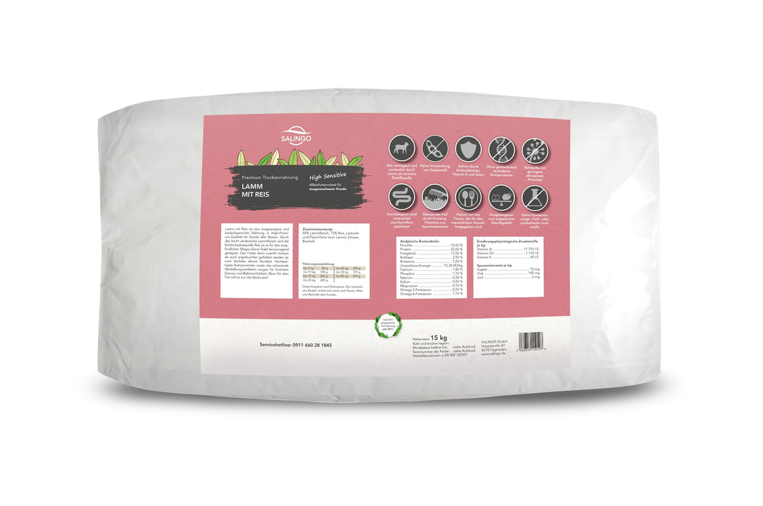 SALiNGO High Sensitive Hundefutter trocken, Trockenfutter Lamm und Reis, zuckerfrei, Single Protein,