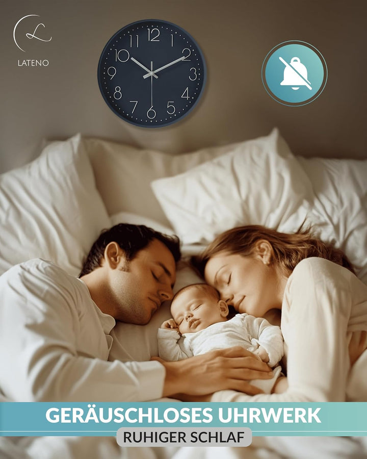 LATENO - Wanduhr ohne Tickgeräusche - Wanduhr Blau - Analoge Wanduhr 30 cm zum Aufhängen & Hinstelle