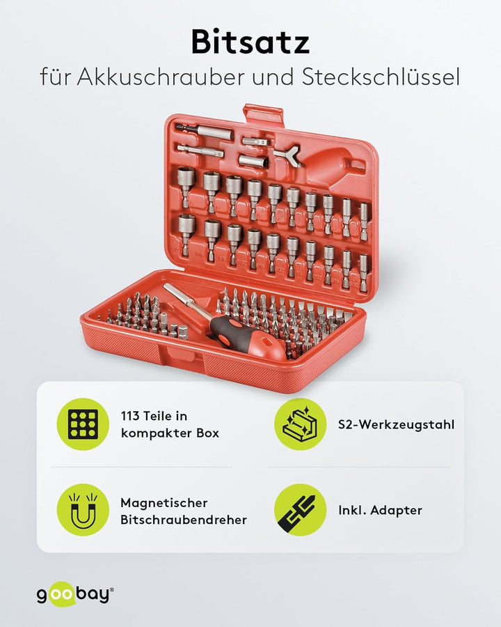 Goobay 77119 Bit Set Universal 113 Teile / Bitsatz mit magnetischen Bitschraubendreher 6,3mm / S2 We