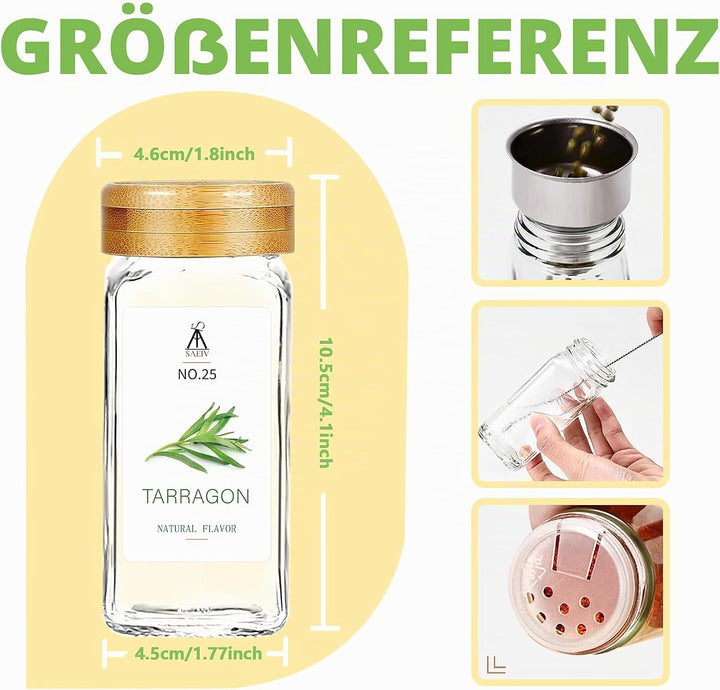 24-tlg. Gewürzgläser Set mit Bambusdeckel, Eckige &amp; Luftigdicht, Inkl. Etiketten, Trichter &amp; Bürste,