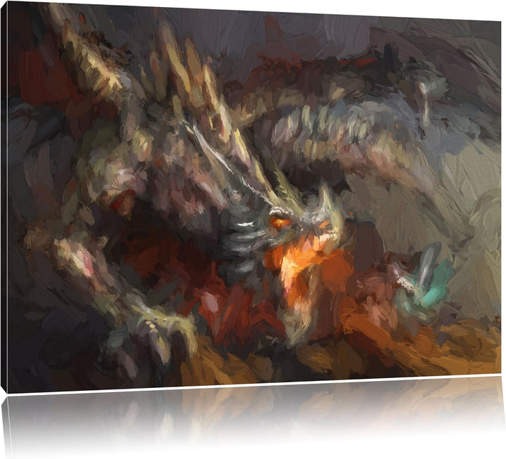 Pixxprint Kampf zwischen Mensch und Drache Pinsel Effekt, Format: 100x70 auf Leinwand, XXL riesige B