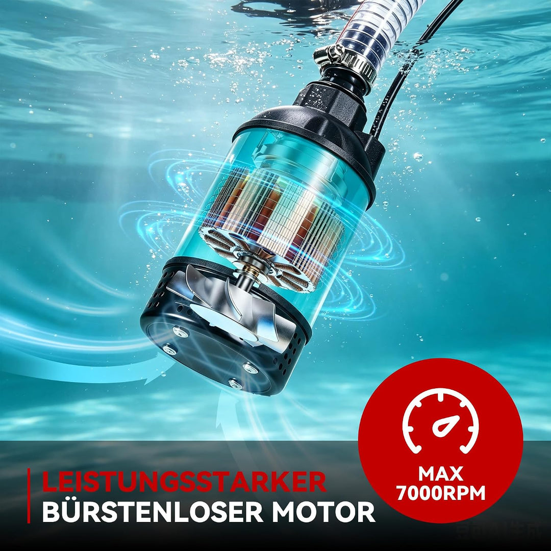 ONEVAN Akku Tauchpumpe mit 2x 3.0Ah Akku &amp; 2M Schlauch, 4164L/H Wasserpumpe