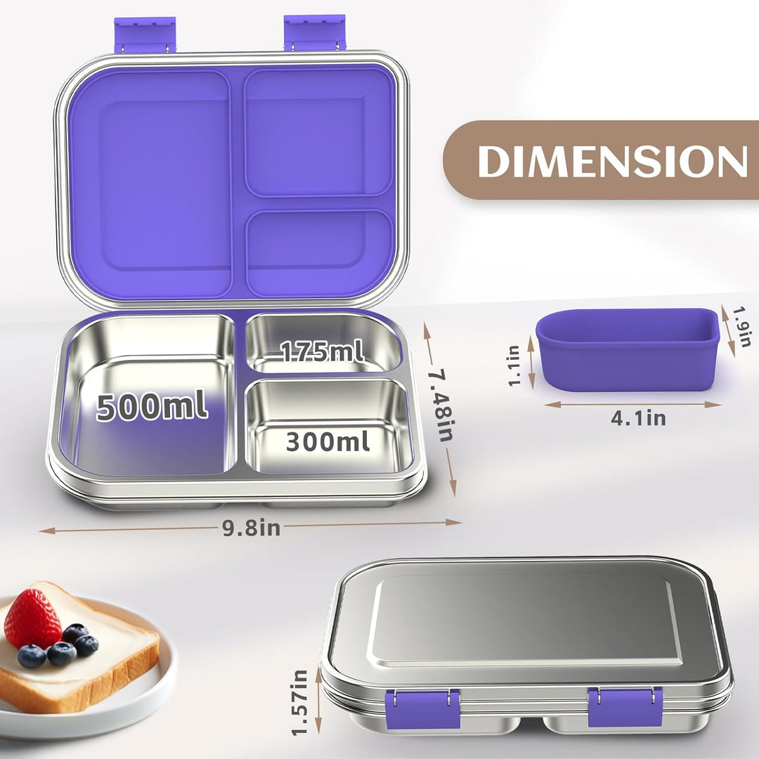 Edelstahl Brotdose Lunchbox Kinder, Metal Bento Lunch Box Auslaufsicher,3 Fächern mit Silikonbehälte