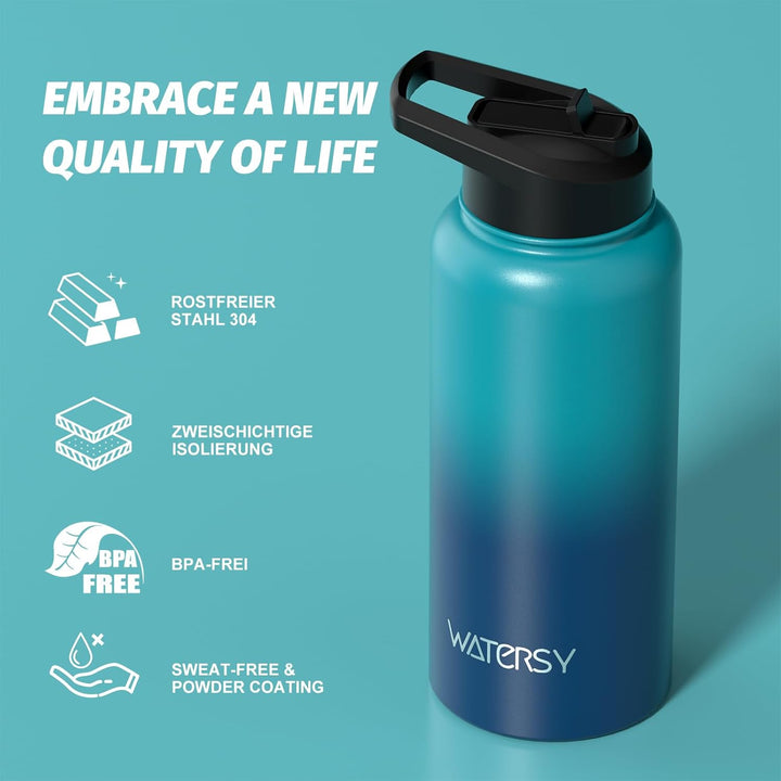 WATERSY Isolierte Edelstahl Trinkflasche 32oz Vakuumisolierte Thermosflasche mit 2 Deckel Auslaufsic