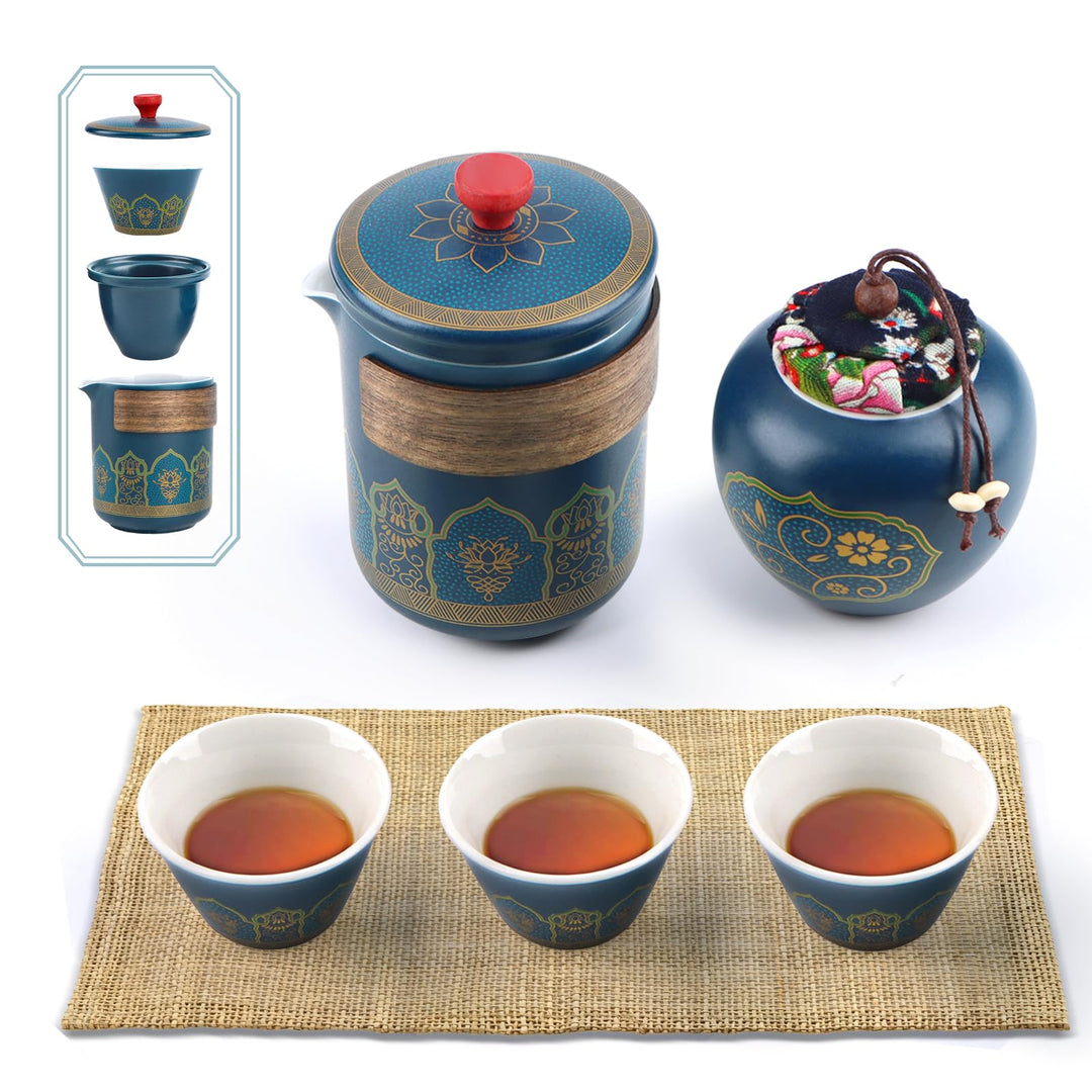 Teeset MIT SICHERER TRAGETASCHE - 5-tlg. Japanisches Porzellan-Set, Ideal für Unterwegs, Büro & Gesc