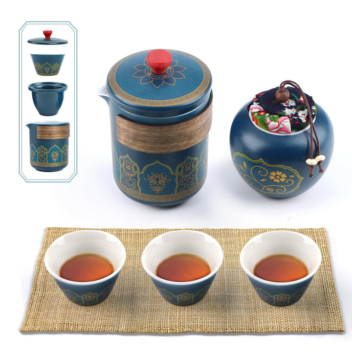 Teeset MIT SICHERER TRAGETASCHE - 5-tlg. Japanisches Porzellan-Set, Ideal für Unterwegs, Büro & Gesc