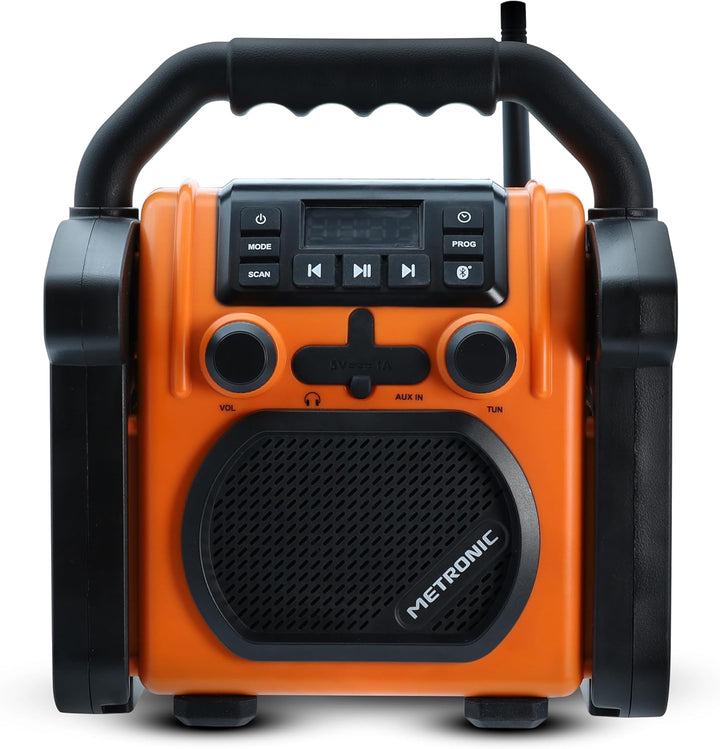 METRONIC 477227 Baustellenradio FM Bluetooth mit wiederaufladbarem Backup-Akku – robust, stossfest,