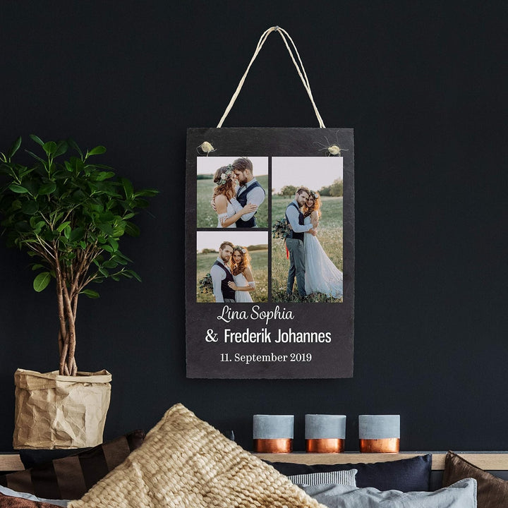 wandmotiv24 Schiefertafel Hochzeit, Aufhängeschild mit Strick, Personalisierbar Digitaldruck 3 Farbf