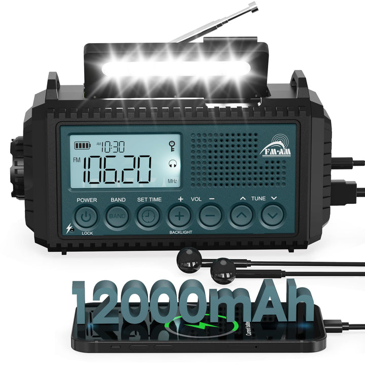 Roxicosly Kurbelradio, Notfallradio mit 12000 mAh Power Bank, AM/FM/SW Baustellenradio, Kurbel & 5-W