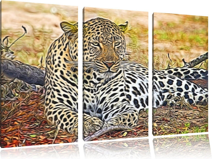 liegender Leopard im Laub NewArt 3-Teiler Leinwandbild 120x80 Bild auf Leinwand, XXL riesige Bilder