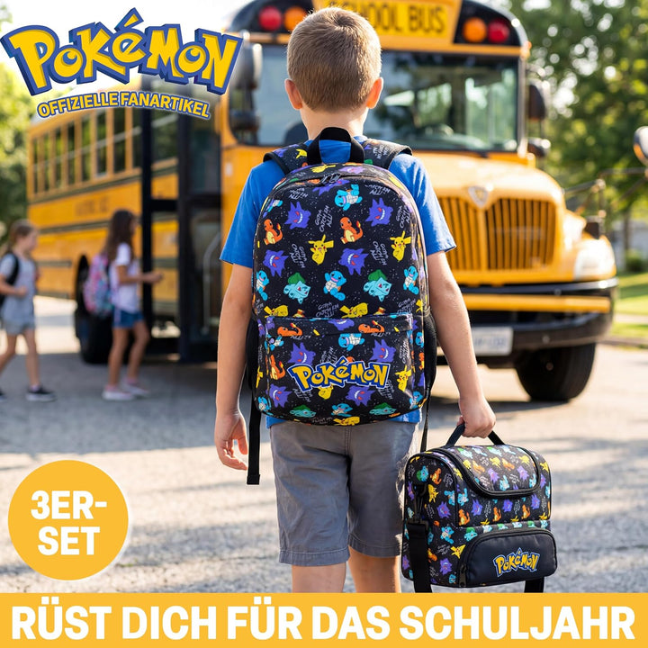 Get Trend Pokemon Rucksack Kinder 3er Set, Kinderrucksack mit Federmäppchen und Isolierte Lunchtasch