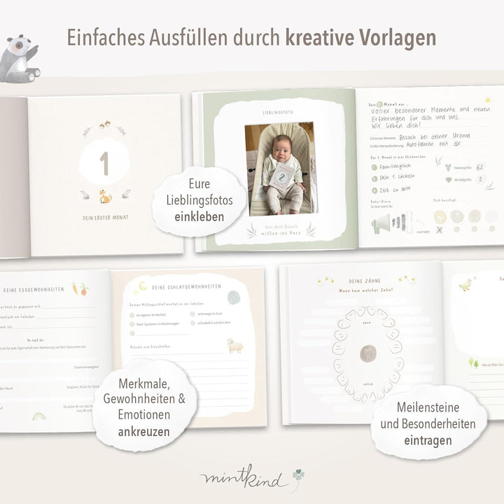 mintkind® Mein erstes Jahr Babyalbum Salbei – sanftes Babytagebuch mit 176 Seiten und Sticker-Set fü