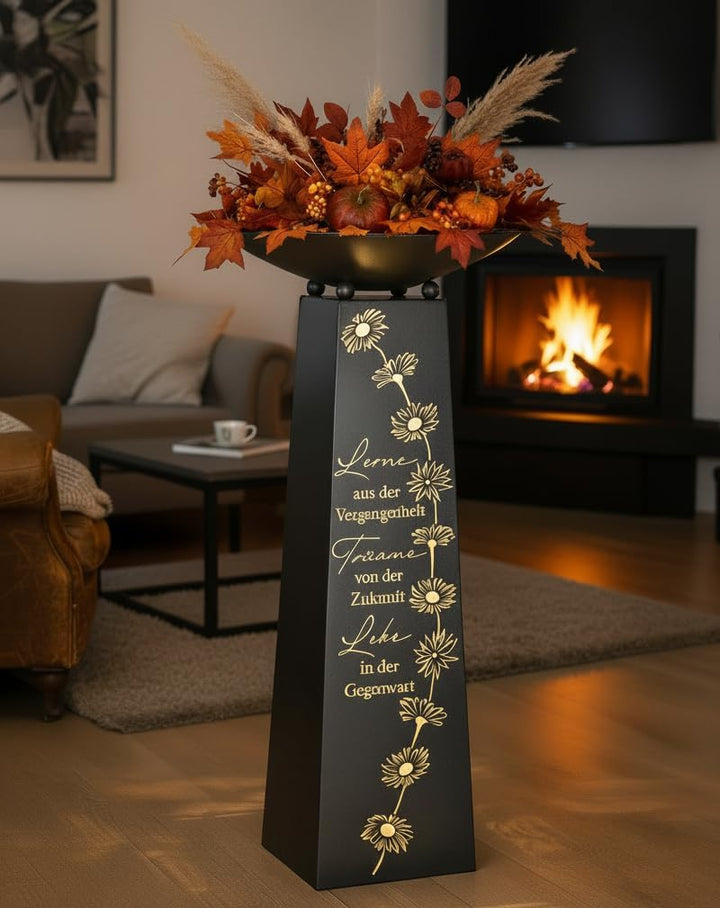 MF Dekorativer Metallständer mit Schale, Antik-Grau, 102 cm, Blumendesign mit Spruch 'Lerne Träume L
