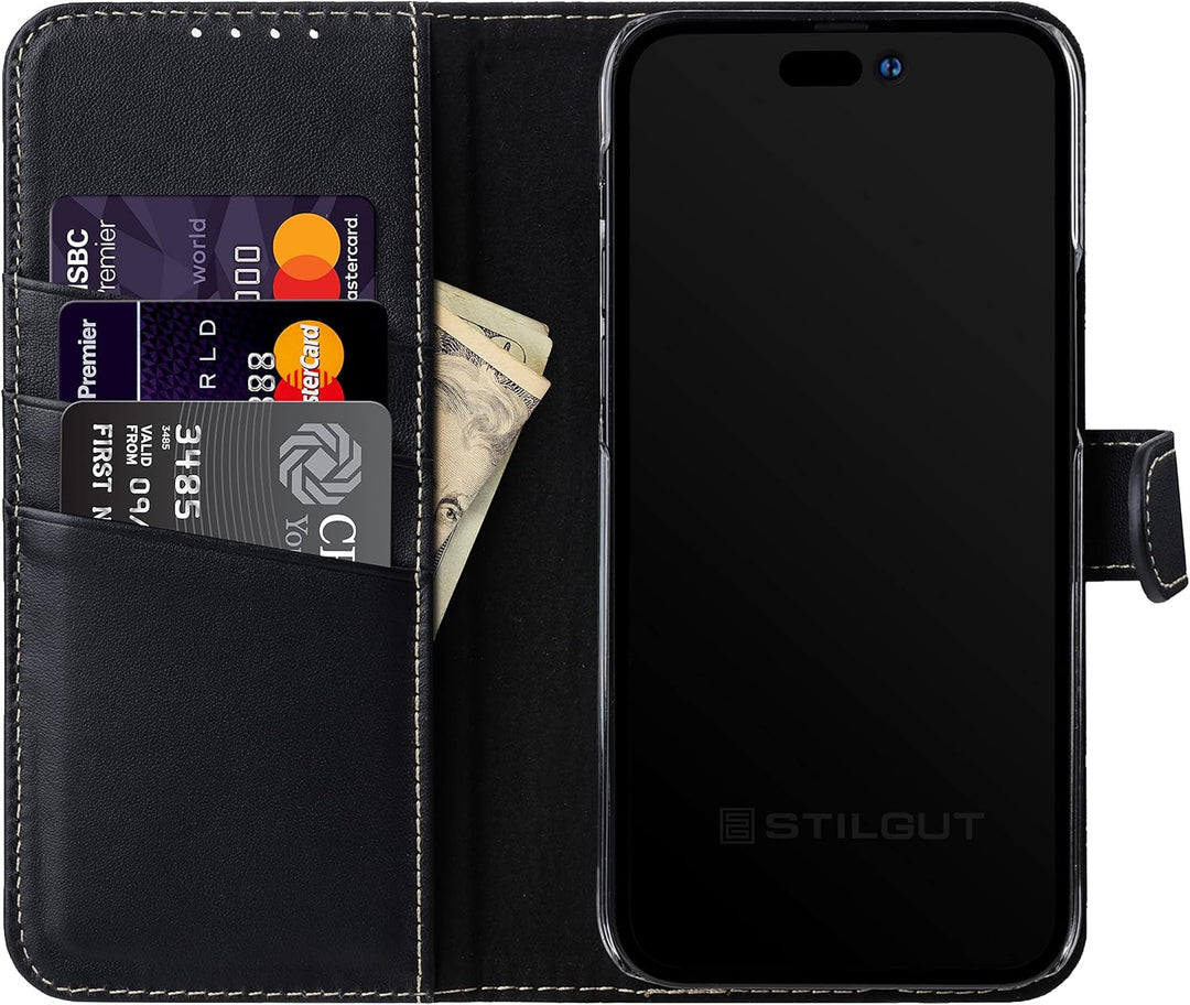 STILGUT Talis kompatibel mit iPhone 14 Plus (6.7") Hülle mit Kartenfach aus Leder, Flip Cover, Handy